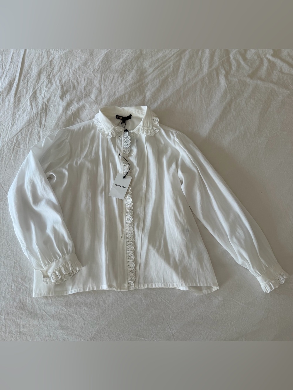Maje White Blouse with Lace Peter Pan Collar and Cuffs NWT
